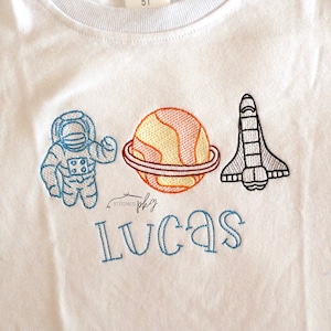 Outerspace Astronaut T-Shirt - Kids Embroidered Shirt - Spaceman - Space Shuttle - Planet - Personalized T-Shirt - Cotton - Boys Space Party