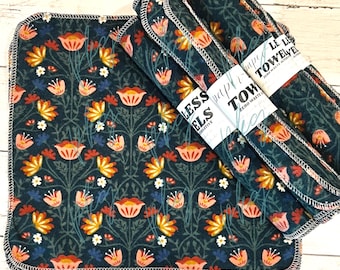 Reusable Non Paper Towel - Set of 3 - Cotton Flannel - Green Floral Pattern - Orange Yellow Flower - Un Paper Cloth Towel Set - House Gift