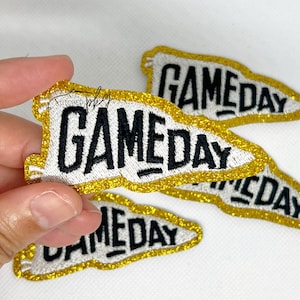 GAMEDAY Iron On Embroidered Patch - Black White Gold Glitter - Pennant Flag - Bordered Sparkle - Sport Team Fan