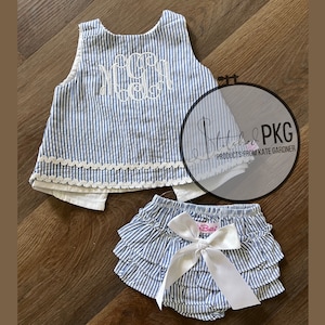 Blue and White Seersucker Ruffle Butt Two Piece Set - Monogrammed Initials - White Trim - Sister Matching Set - Photo Op - Stripe Set