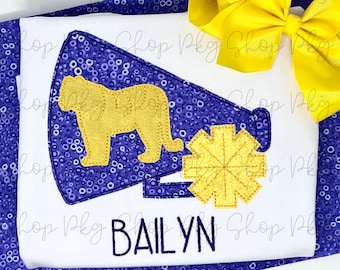 LSU Tigers Girl's Applique Shirt - Megaphone Pom Pom - Cheerleader Fan - Louisiana State Football Fan - College Football - Purple Gold