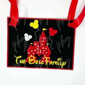 Black Stroller Spotter Tag with Castle and Mouse Balloons Family Embroidered Tag Magical Mouse