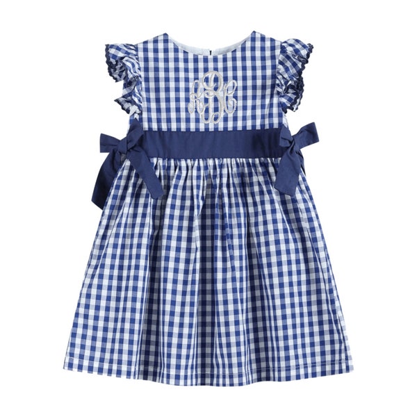 Royal Blue Navy Gingham Dress - Monogrammed - Personalized Embroidery - Flutter Sleeve - Back Buttons - Checkered Dress - Toddler Baby