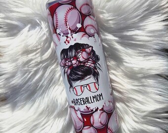 Baseball Mom Tumbler, Messy Bun, Baseball, Sports, Travel Mug, 20oz Stainless Steel Sublimation