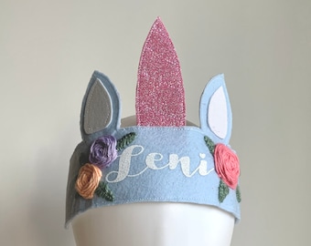 Felt unicorn crown with embroidered flowers and names