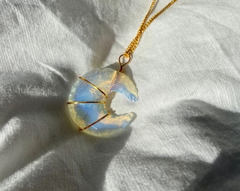 Opalite Crescent Moon, Opalite Crystal Necklace, Crescent Moon Crystal, Wire Crystal Necklace, Opalite Necklace, Crescent Moon Necklace