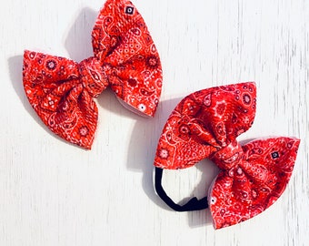 Red Paisley Bandana Bow: Nylon Headband, Headwrap, Piggies or Clip Bow