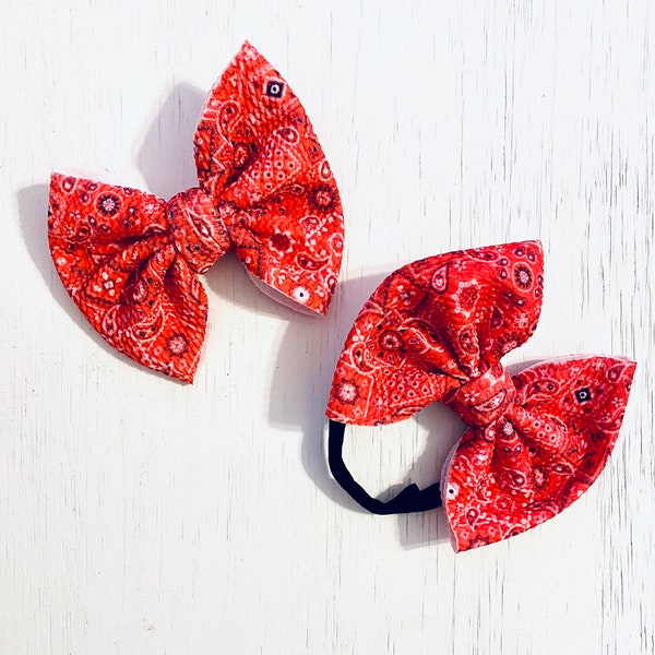 Red Paisley Bandana Bow: Nylon Headband, Headwrap, Piggies or Clip Bow