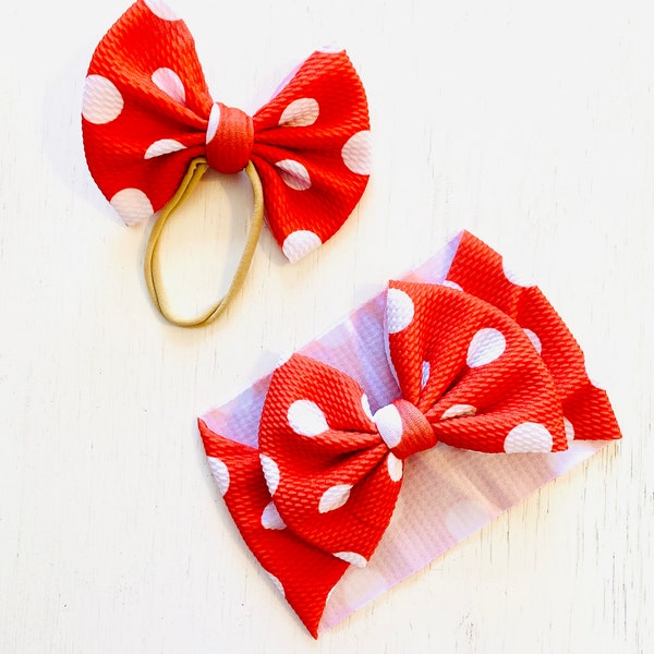 Red & White Polka Dot: Nylon headband, Headwrap, Piggies or Clip Bow