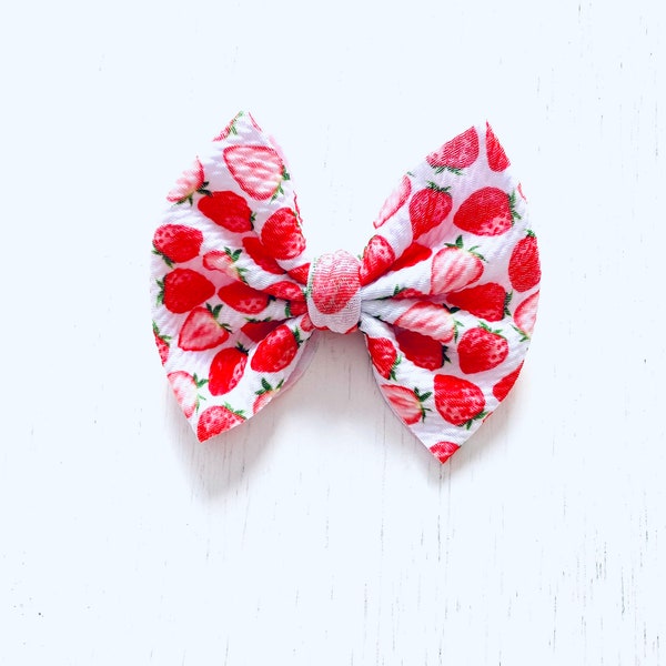 Strawberry Bow: Nylon headband, Head wrap, Clip Bow or Piggies