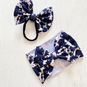 Printed Glitter Cowhide Bow: Nylon headband, Headwrap, Piggies or Clip Hair Bow