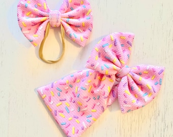 Light Pink Birthday Sprinkle Bow: Nylon headband, Headwrap, Piggies or Clip Bow