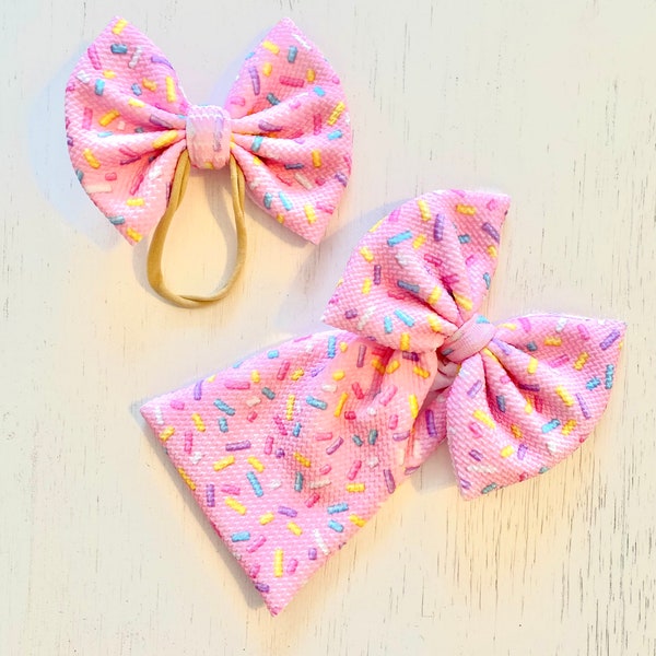 Light Pink Birthday Sprinkle Bow: Nylon headband, Headwrap, Piggies or Clip Bow