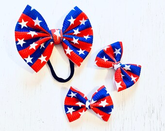Red & Blue Stripe Star Bow: Nylon headband, Head wrap, Piggies or Clip Bow