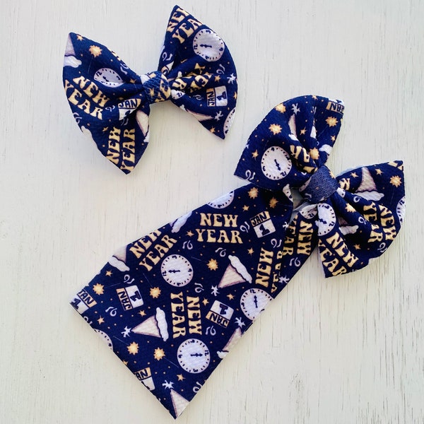 Happy New Year Bow: Nylon headband, head wrap, clip bow or piggies