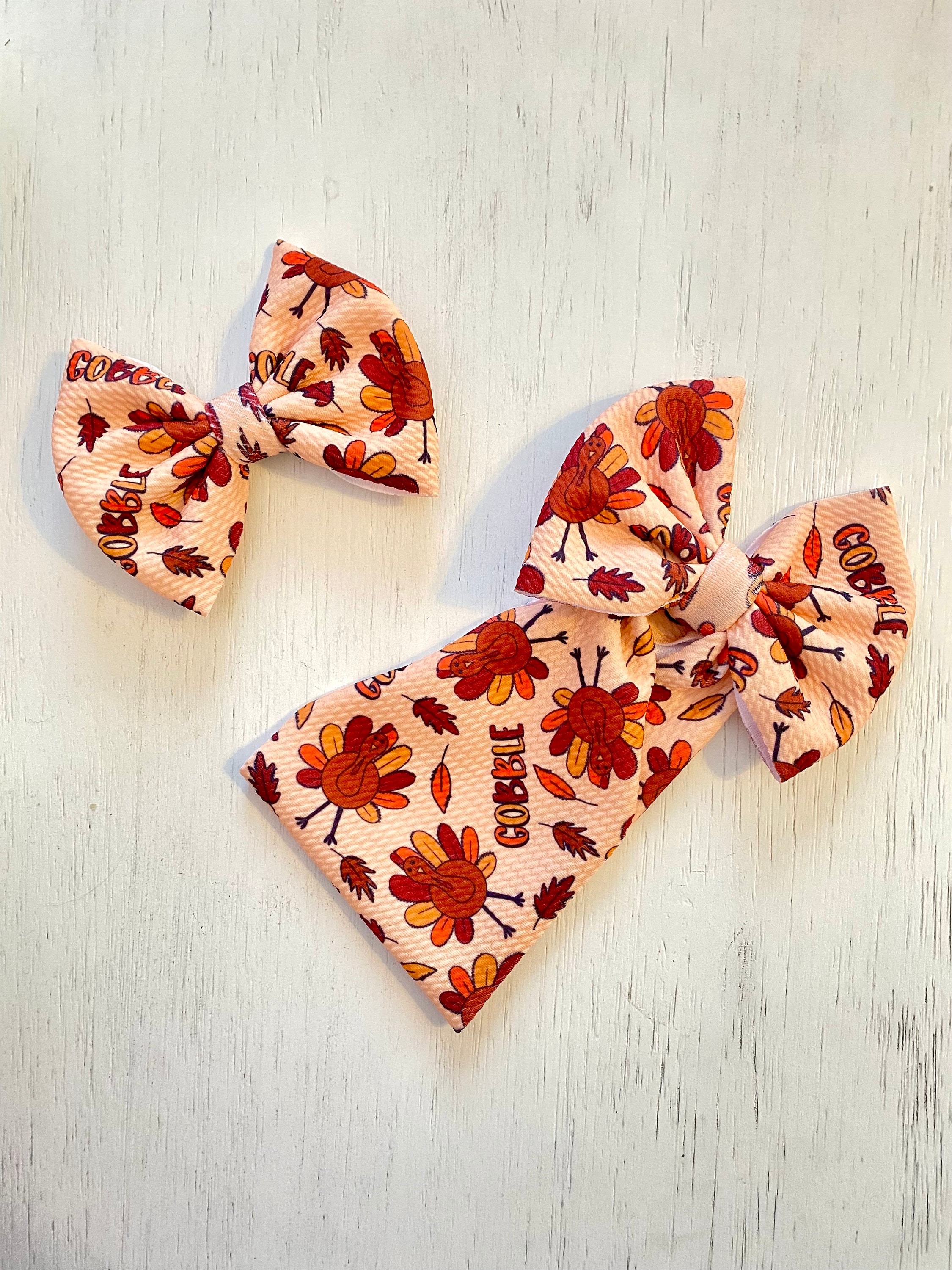 Thanksgiving Turkey Gobble Bow: Nylon headband, Head wrap, Piggies or Clip Bow
