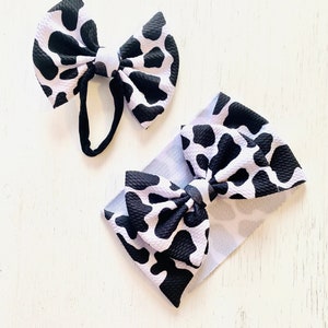Large Cow Print Bow: Nylon headband, Headwrap, Piggies or Clip Bow