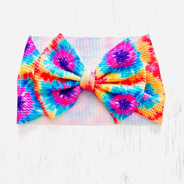 Vibrant Tie Dye Bow: Nylon headband, Headwrap, Piggies or Clip Bow