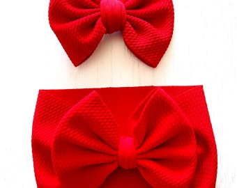Bright Red Bow: Nylon headband, Headwrap, Piggies or Clip Bow