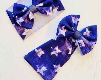 Distressed Blue Stars Bow: Nylon headband, Head wrap, Mommy and Me, Piggies or Clip Bow