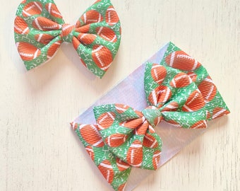 Football Plays Bow: Nylon headband, Headwrap, Piggies or Clip Hair Bow
