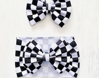 Checkered Bow: Nylon headband, Headwrap, Piggies or Clip Bow
