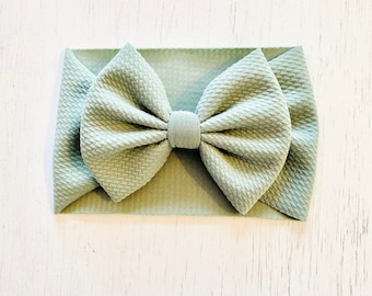Sage Green Bow: Nylon headband, Headwrap, Piggies or Clip Bow