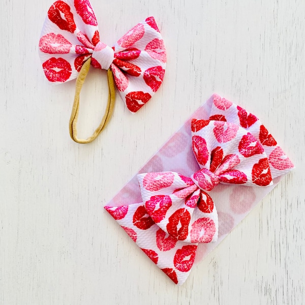 Pink & Red Lipstick Kisses Valentine Bow: Nylon headband, Head wrap, Piggies or Clip Bow