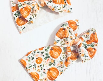 Fall Pumpkin & Leaves Bow: Nylon headband, Head wrap, Piggies or Clip Bow