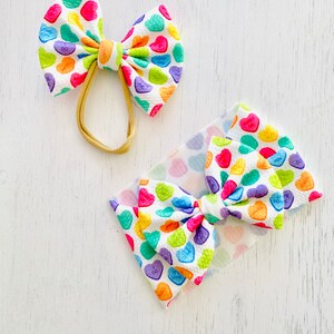White Valentine’s Candy Heart Bow: Nylon headband, Head wrap, Piggies or Clip Bow