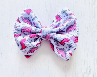 Pink Dinosaur Bow: Nylon headband, Headwrap, Piggies or Clip Bow