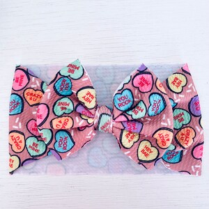 Valentine’s Candy Heart Bow: Nylon headband, Head wrap, Piggies or Clip Bow