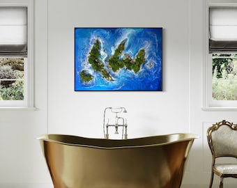 Sztuka żywiczna 3D na wyspie w technice mieszanej: konserwowany mech, naturalne fale oceaniczne z kamienia