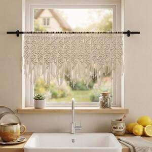 Vintage Macrame Cafe Window Curtains - Boho Kitchen Tier Valance, Shabby Chic Cotton Lace Drapery for Cottagecore Bedroom