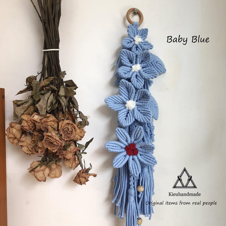 Handmade Flower Macrame Wall Art - Tall Narrow Floral Decor - Vintage Gift for Her