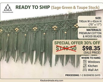 READY TO SHIP - Boho Chic Macrame Valance with Beads 75x17", Sage Green & Taupe Neutral Wall Art Curtain, Large Window Treatment Garland