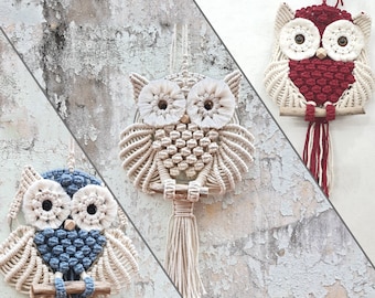 Suspension murale bohème en macramé avec hibou | Art neutre en fibre de coton tissée à la main