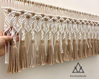 Macrame Valance with Tassels | Short Macrame Curtain 10 inch | Color Block Boho Window Valance for Kitchen, Café, RV or Nursery