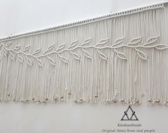 Narrow horizontal wall art, Boho Valance and Window Valance Combo - Farmhouse Curtain with Leaf Macrame Design- 16 color available