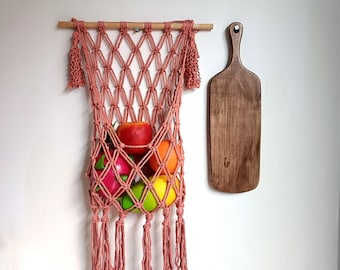 Macrame Hanging Fruit Basket, Boho Vegetable Hammock for Kitchen Storage, Cottagecore Wall Decor,  Custom Colors Available