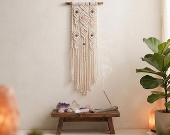 Crystal Macrame Wall Hanging | Rose Quartz Amethyst Healing Gemstone Fiber Art | Narrow Boho Wall Decor | Meditation Spiritual Room Gift