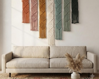 7 Piece Rainbow Macrame Wall Hanging Set | Cascade Boho Fringe Garland | Mid Century Fiber Art Tapestry | Earthy Tone Aesthetic Room Decor