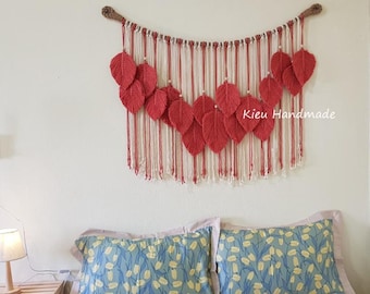 Macrame Leaf Headboard on Rope, Extra Large Feather Wall Hanging Garland. Boho Bedroom Decor Above Bed Banner