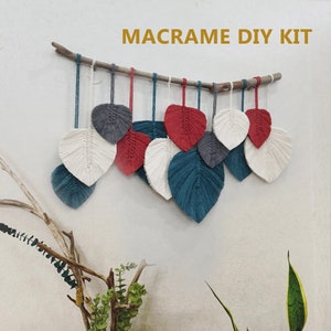 Puede incluir: Kit de macramé DIY con una varilla de madera y 10 formas de plumas de macramé blancas, rojas, azules y grises colgando de ella. El kit está listo para ser ensamblado.