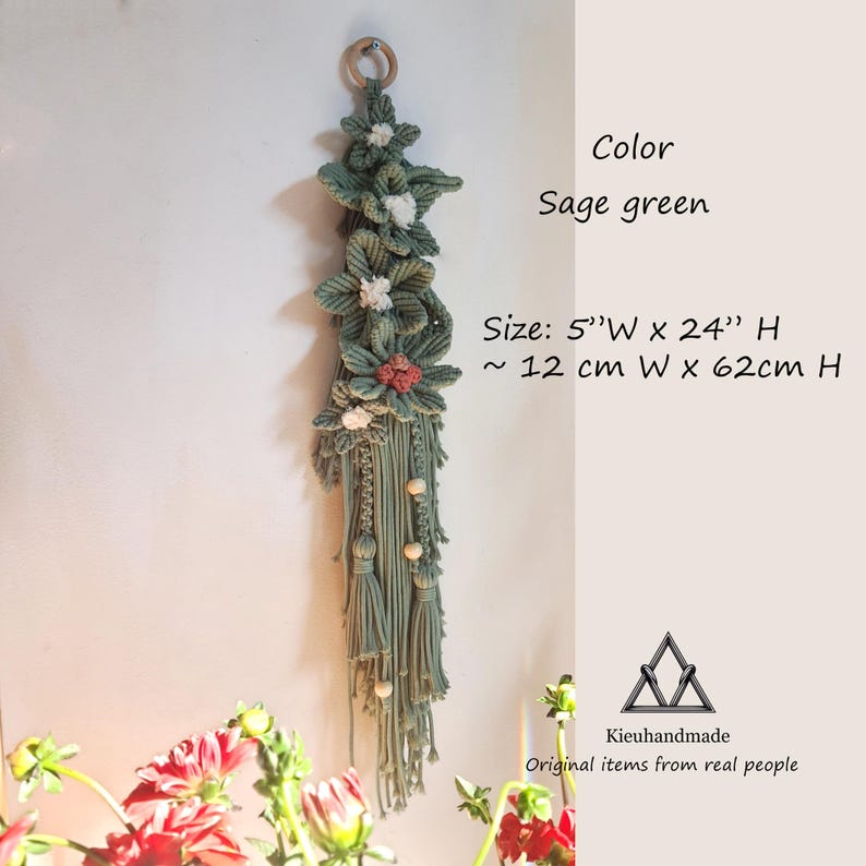Handmade Flower Macrame Wall Art - Tall Narrow Floral Decor - Vintage Gift for Her