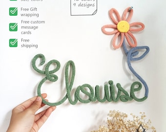 Letrero personalizado con nombre en cuerda, nombre tejido con alambre, letreros con nombres para niñas en la habitación infantil con flores, adorno de pared tejido a mano, decoración de pared para guardería, habitación infantil
