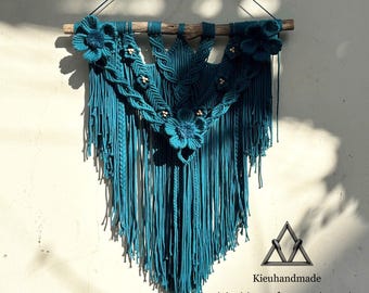 3D Floral Macrame Wall Hanging on Natural Driftwood, Large Purple Fiber Art, Custom Color Boho Nursery Decor, Personalized Mother's Day Gift