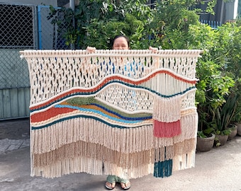 Extra Large Macrame Wall Hanging, Abstract Boho Fiber Art Tapestry, Oversized Modern Textile Mural for Living Room Sofa Decor