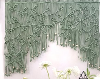 Boho Macrame Leaf Curtain - Handmade Window Valance & Wall Hanging
