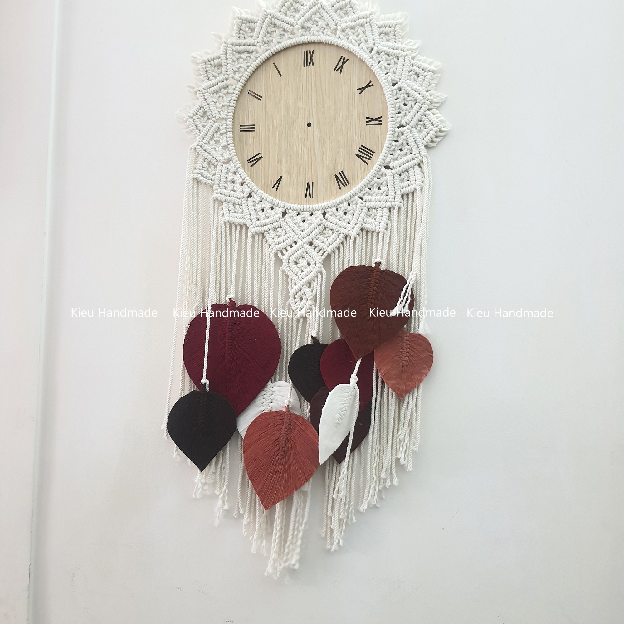Macrame Wood Wall Clock With Leaves , Color Custom Wall Clock - Etsy